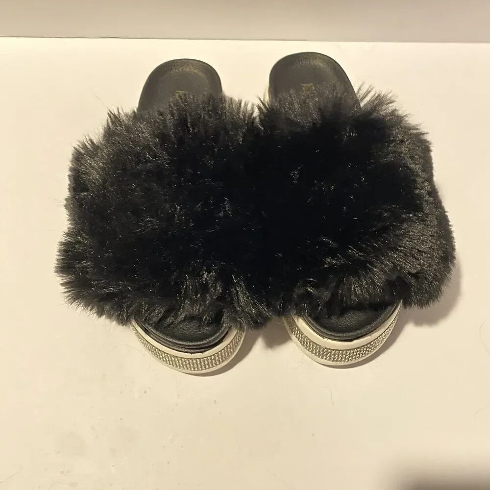 Azalea Wang‎ Rhinestone Fur Slide Sandals Platform Size 7 Chic Glamorous Bling